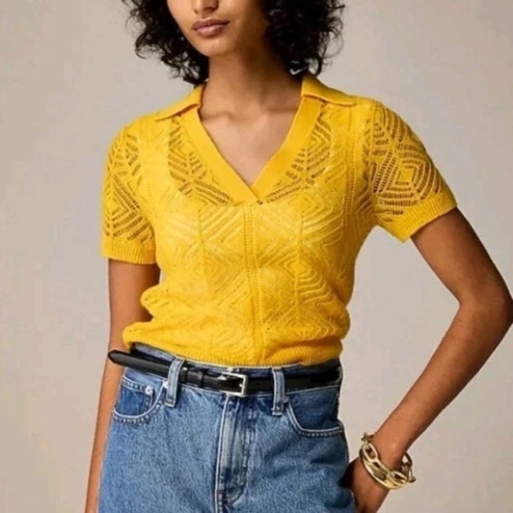 New J. Crew Cashmere Lace Pointelle Open Knit Polo Sweater Top Sz Medium Preppy